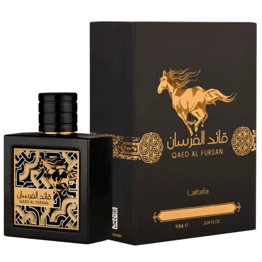 Qaed Al Fursan Eau de Parfum spray by Lattafa in 90ml bottle, featuring elegant packaging and fragrant perfume scent.