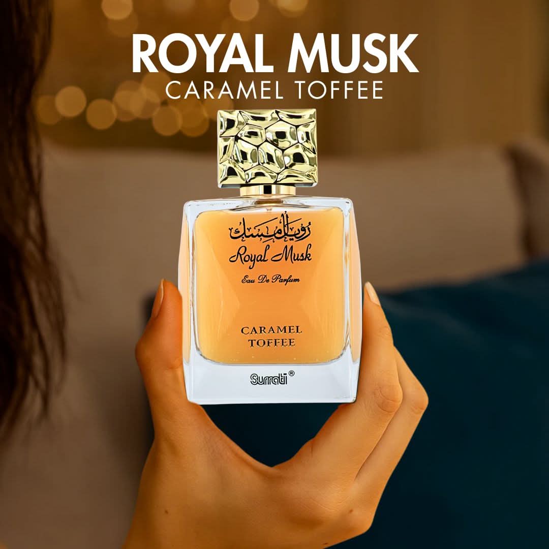 Surrati Royal Musk Caramel Toffee Eau de Parfum spray 100ml bottle with elegant packaging and scent notes visible.
