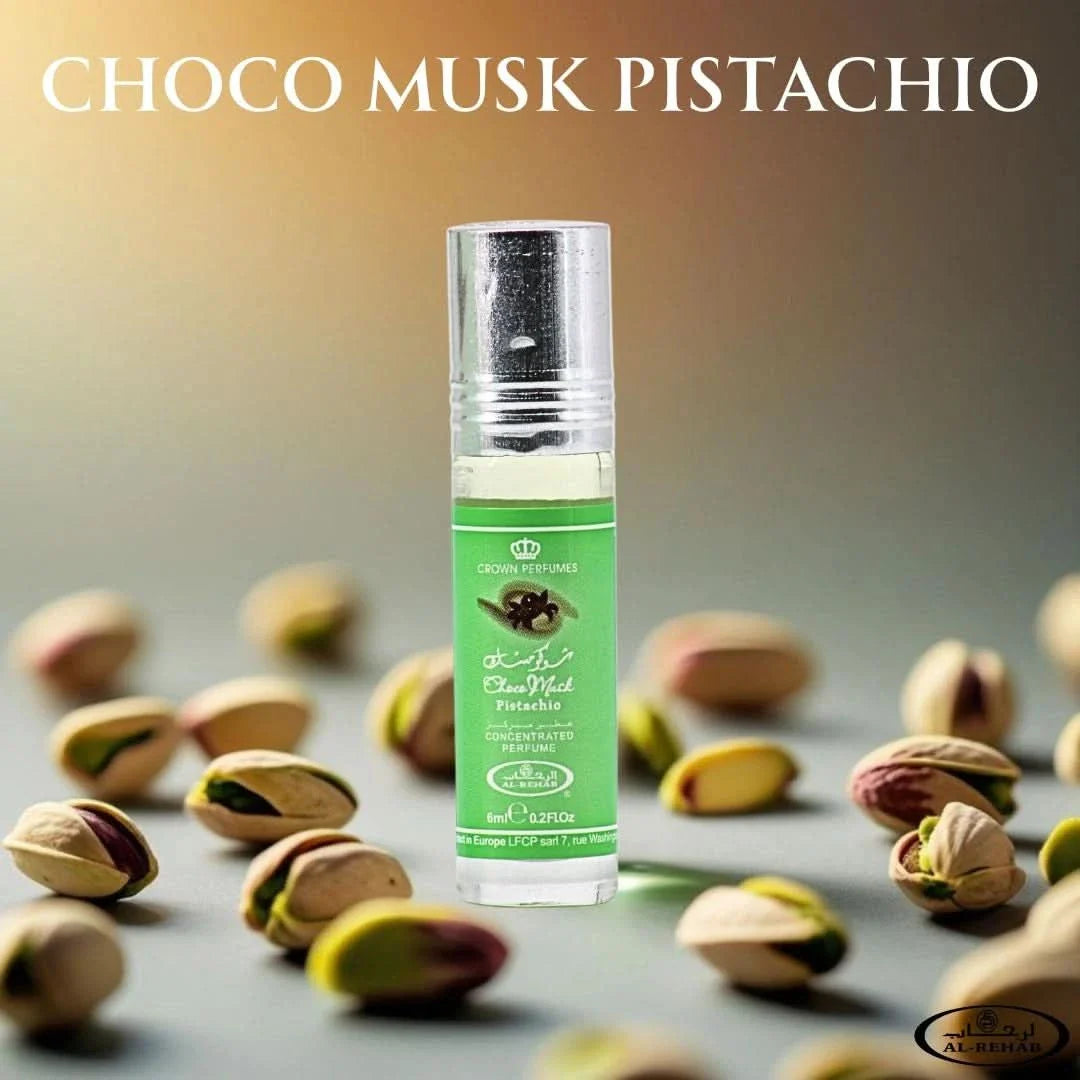 Bundle of three 6ml Choco Musk Pistachio perfume oil bottles by Al Rehab, featuring small glass containers with labels.