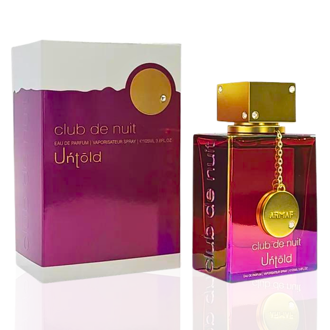 Armaf Club De Nuit Untold Eau de Parfum spray 105ml bottle, elegant design, showcasing the perfume for men and women.