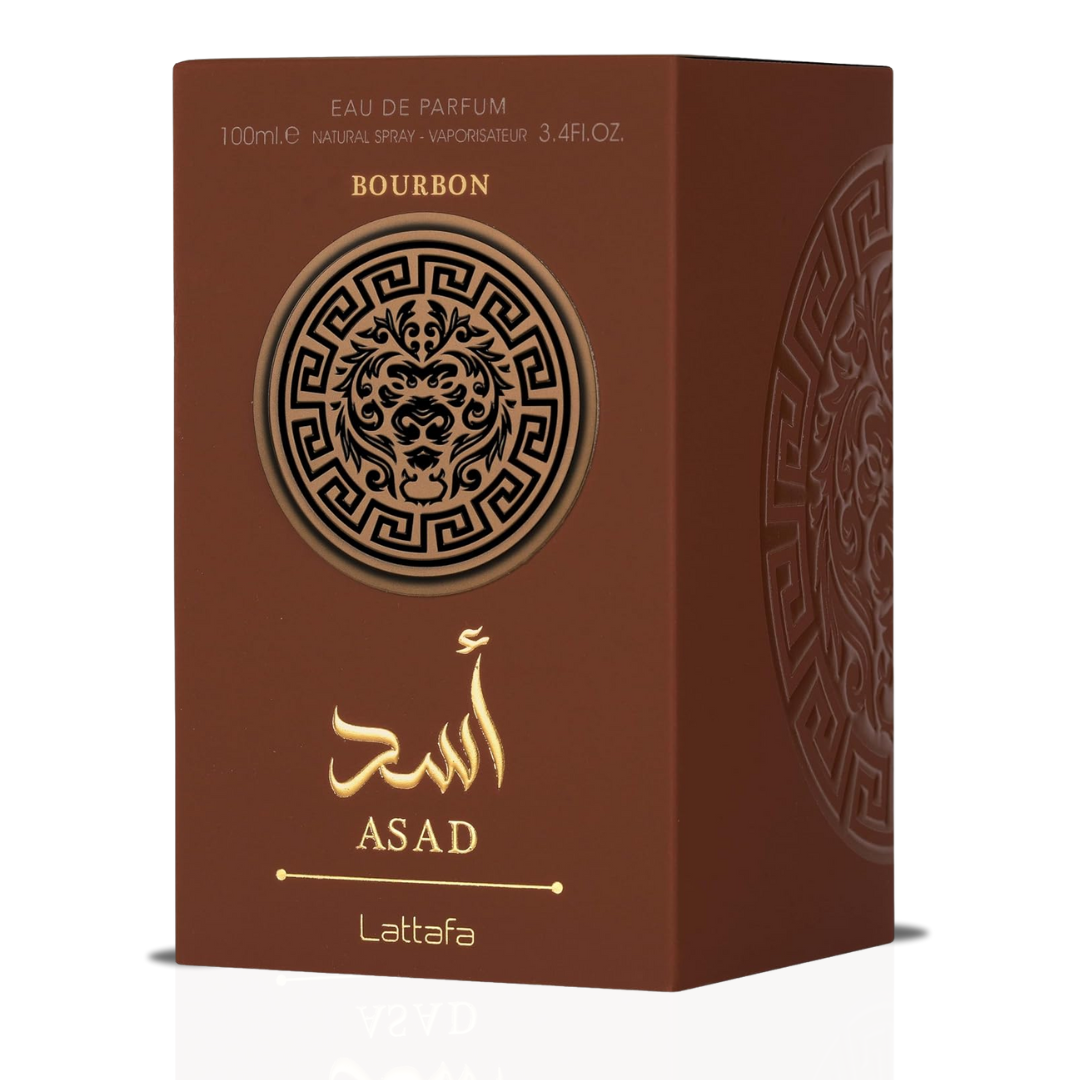 Lattafa Asad Bourbon Eau de Parfum spray 100ml, featuring a sleek bottle design and dark, elegant packaging.