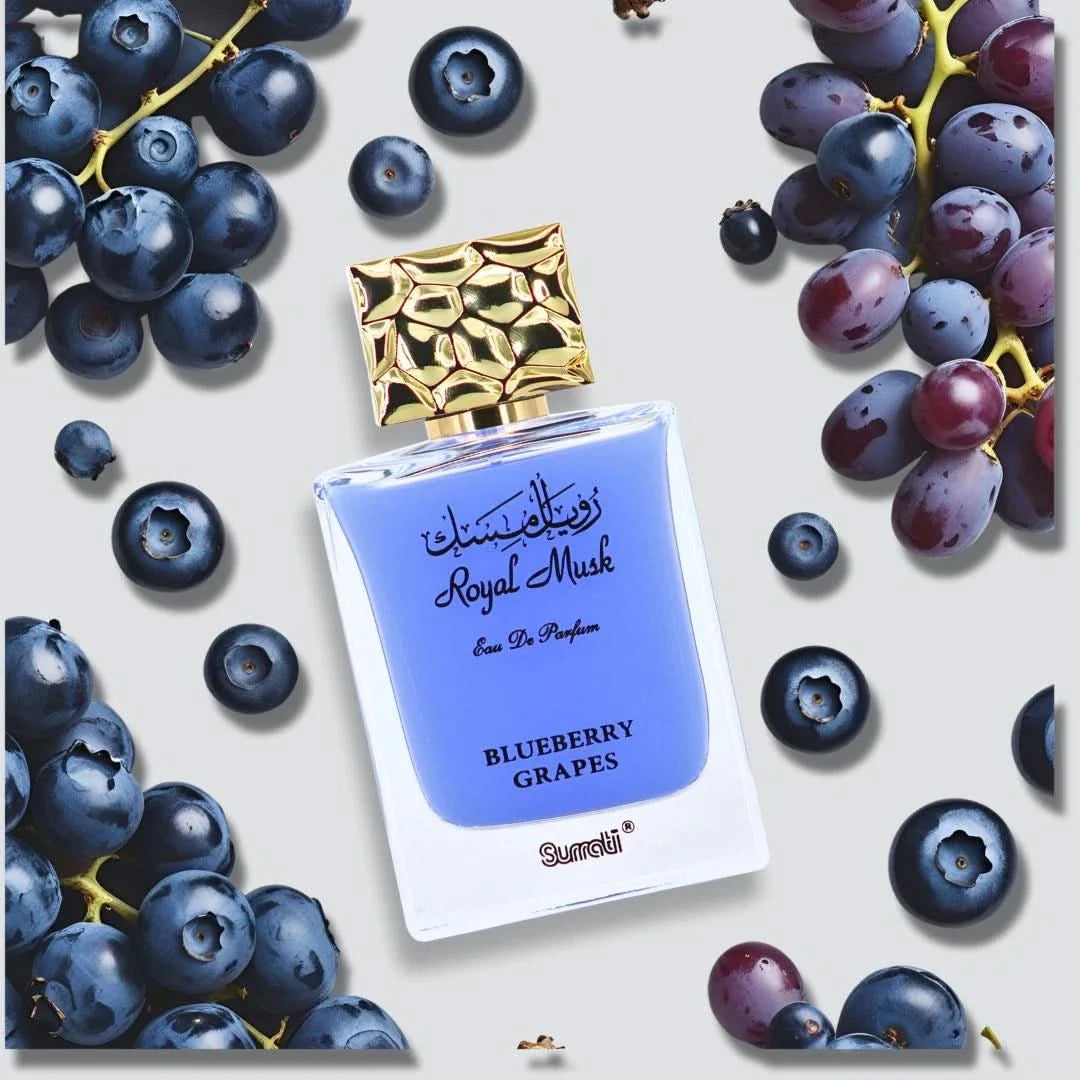 Surrati Royal Musk Blueberry Grapes Eau de Parfum spray 100ml, featuring blue and purple grapes with a musk fragrance.