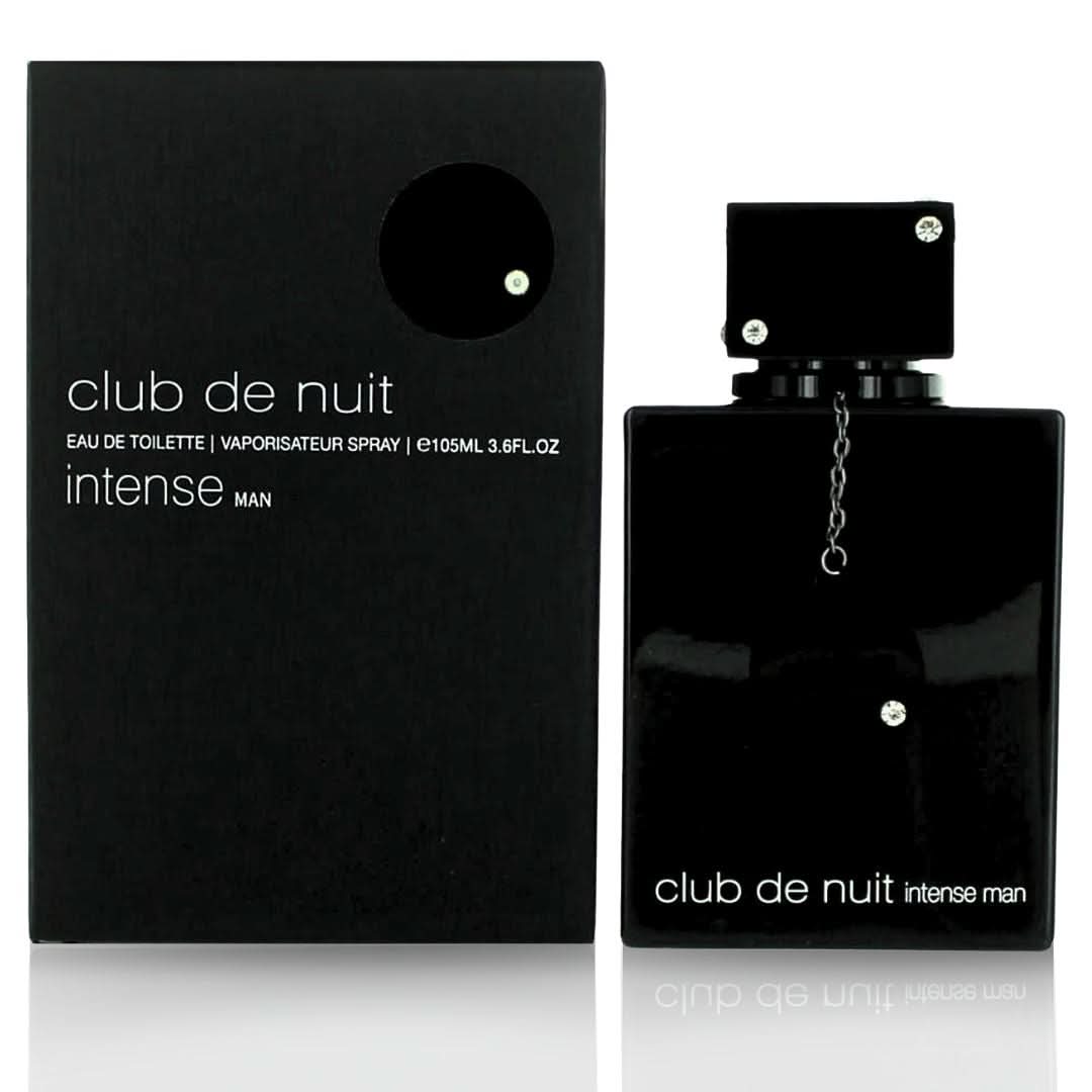 Armaf Club De Nuit Intense for Men Eau de Toilette spray, 105ml, with sleek bottle and dark fragrance liquid.