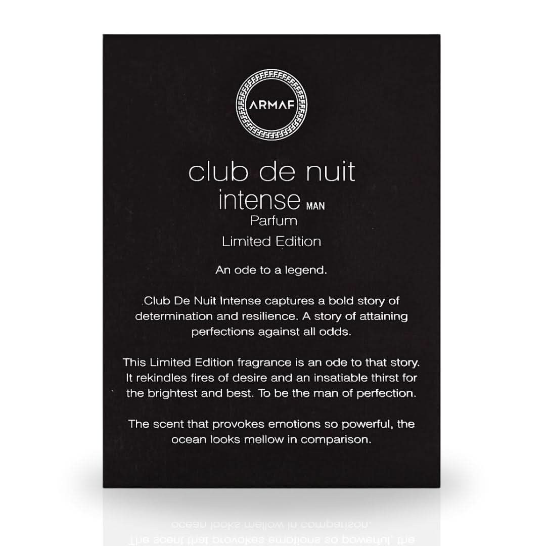Armaf Club De Nuit Intense Man Limited Edition Pure Parfum box, 105ml EDP extrait de parfum with sleek packaging.