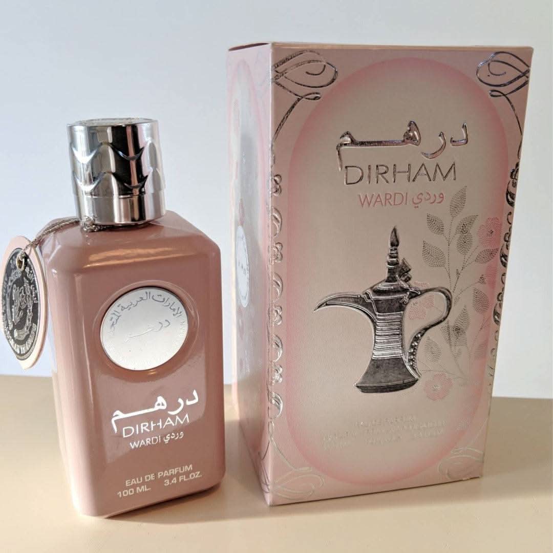 Ard Al Zaafaran Dirham Wardi EDP for Women, 100mL bottle, elegant perfume bottle with floral design and gold accents.