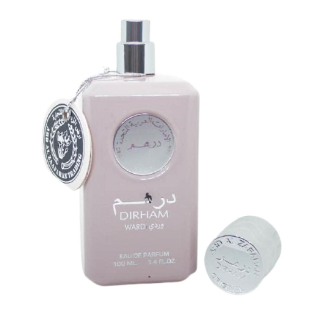 Ard Al Zaafaran Dirham Wardi EDP for women in 100mL bottle, elegant perfume bottle with floral and warm scent notes.