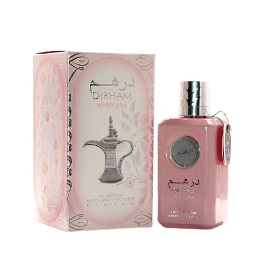 Ard Al Zaafaran Dirham Wardi Eau De Parfum for women in 100mL bottle, elegant glass container with floral accents.