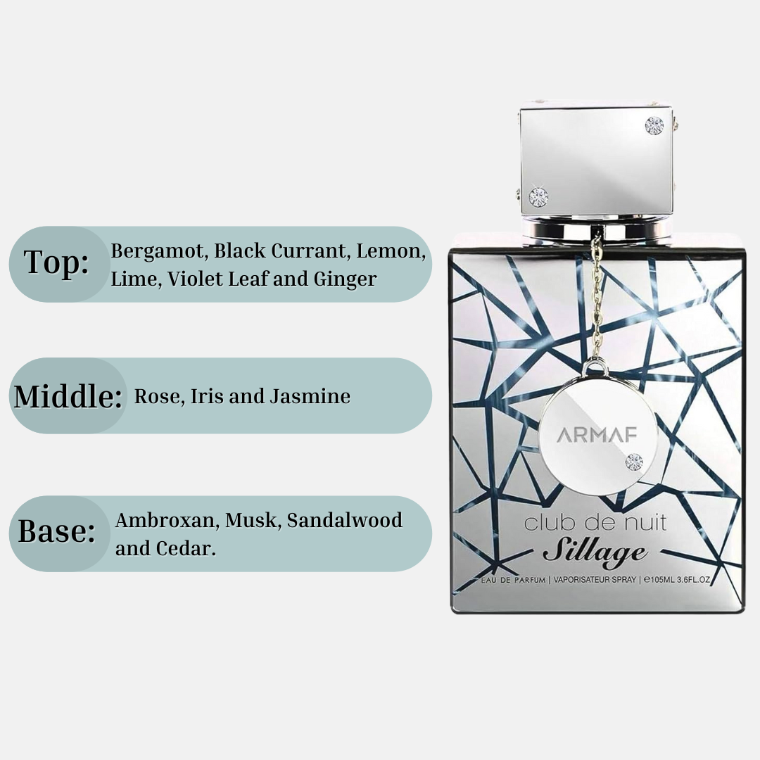 Armaf Club De Nuit Sillage Eau de Parfum spray 105ml bottle, showcasing the sleek design and elegant packaging.