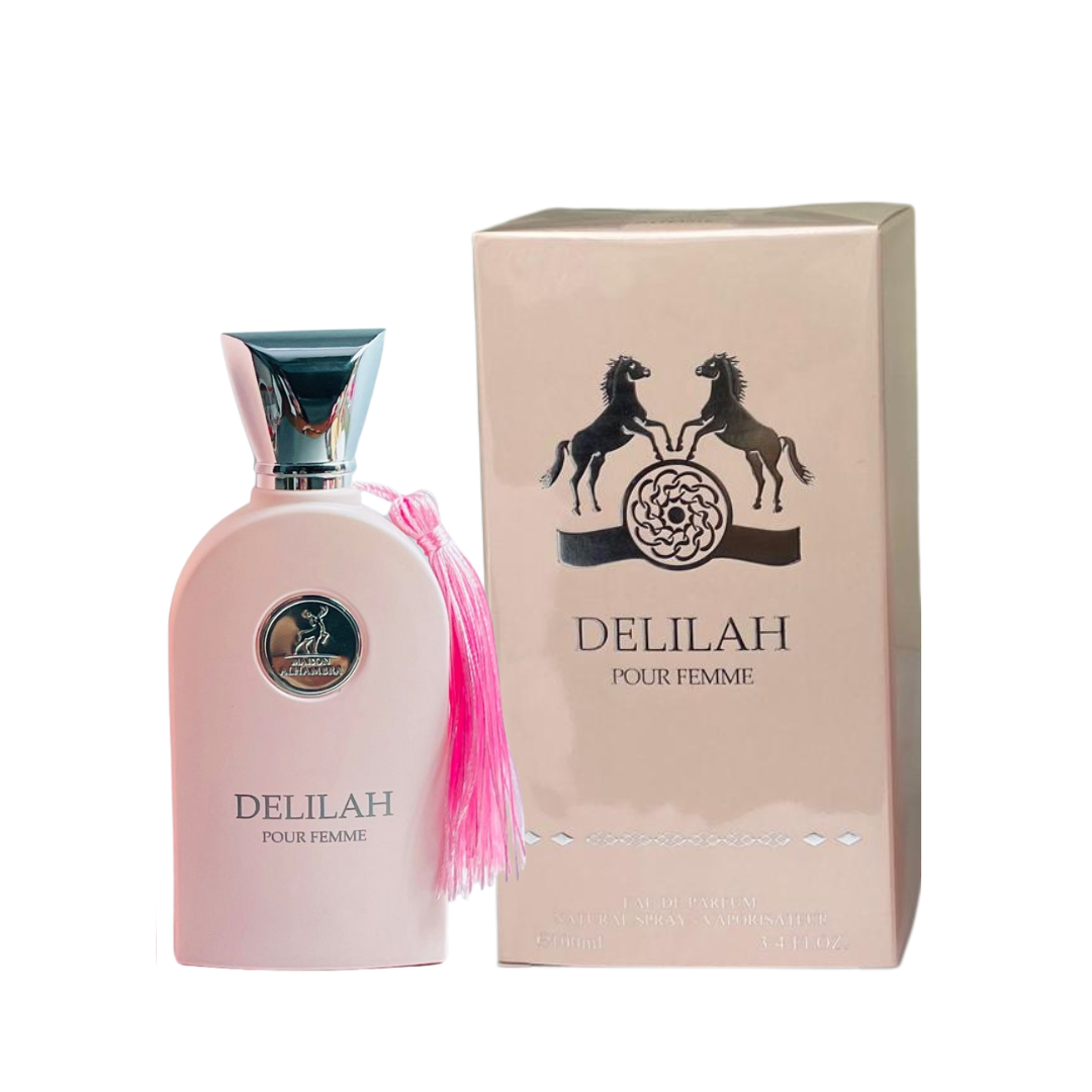 Maison Alhambra Delilah Pour Femme Eau de Parfum spray bottle, 100ml, with elegant packaging and floral fragrance design.