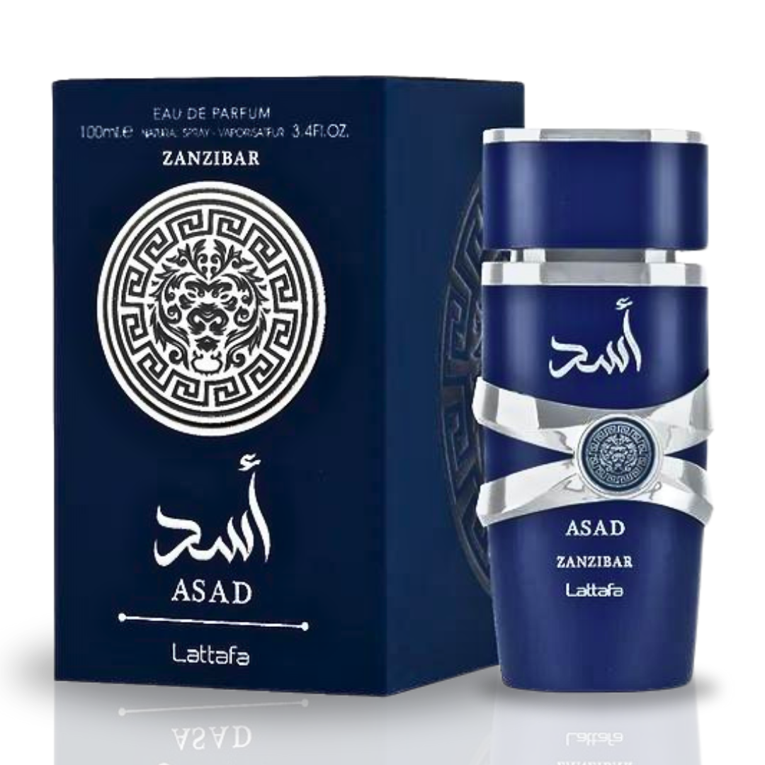 Lattafa Asad Zanzibar Eau de Parfum spray with top notes of black pepper and sea lavender in a 100ml bottle.