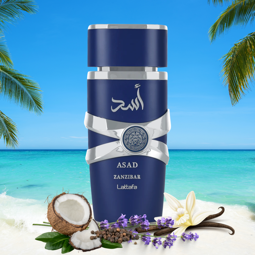 Lattafa Asad Zanzibar Eau de Parfum spray top notes of black pepper and sea lavender in a 100ml bottle.