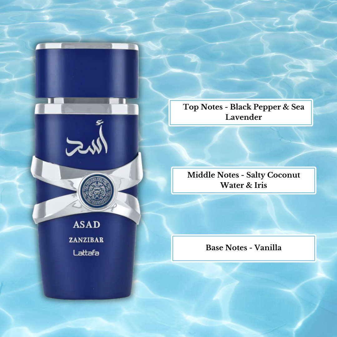 Top notes of black pepper and sea lavender in Lattafa Asad Zanzibar Eau de Parfum spray 100ml, showcasing fresh, aromatic ingredients.