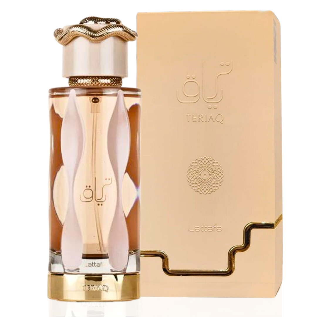 Lattafa Teriaq Eau de Parfum spray with pink pepper, caramel, honey, vanilla, leather, and floral notes in 100ml bottle.