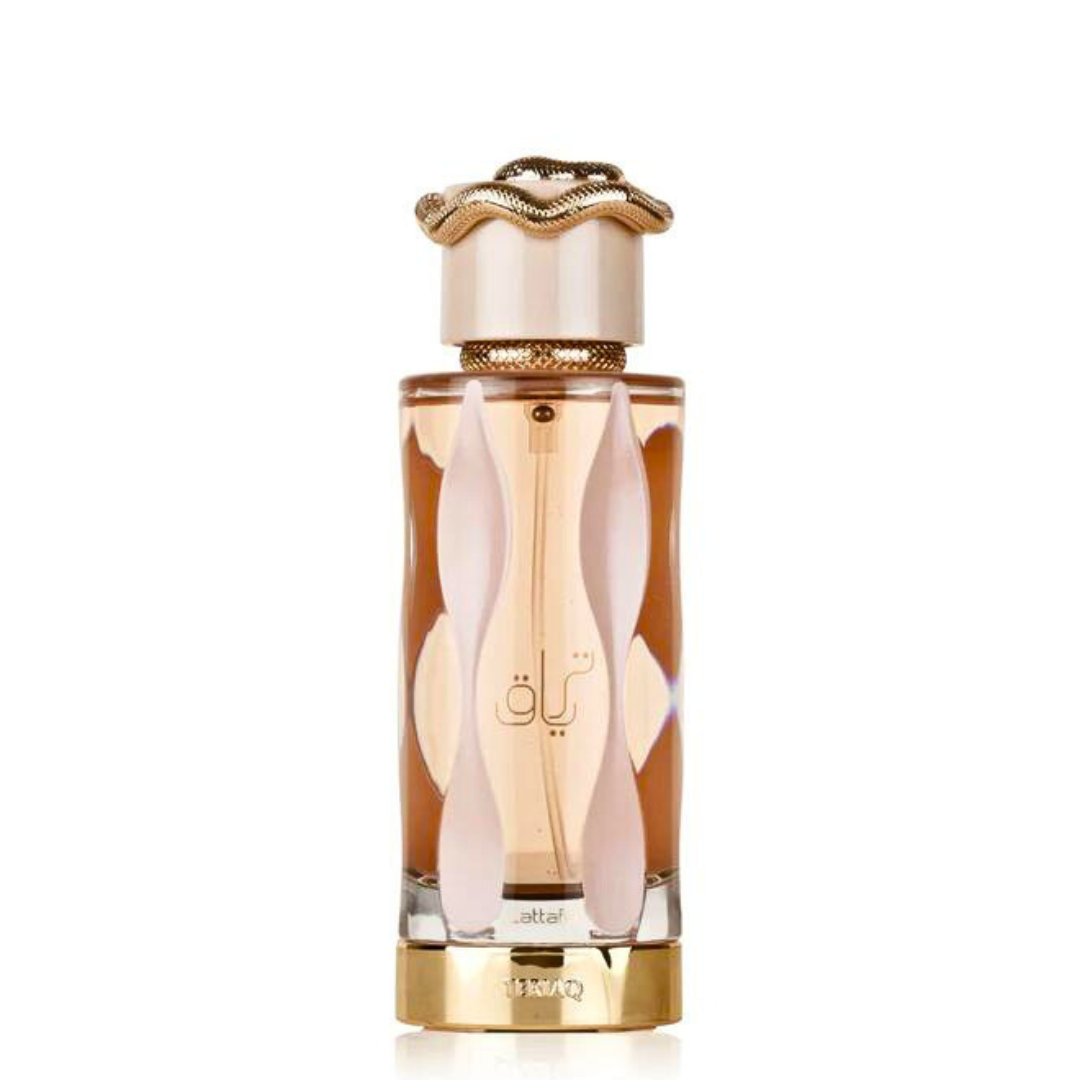Lattafa Teriaq Eau de Parfum spray with pink pepper, caramel, honey, vanilla, leather, and white floral notes in a 100ml bottle.