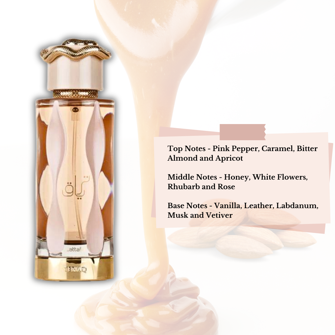 Lattafa Teriaq Eau de Parfum spray with pink pepper, caramel, honey, white flowers, vanilla, leather, and musk notes.