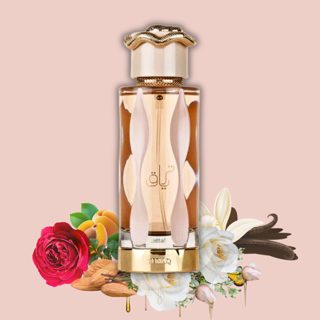 Lattafa Teriaq Eau de Parfum spray 100ml with top notes of pink pepper, caramel, bitter almond, apricot, and floral middle notes.