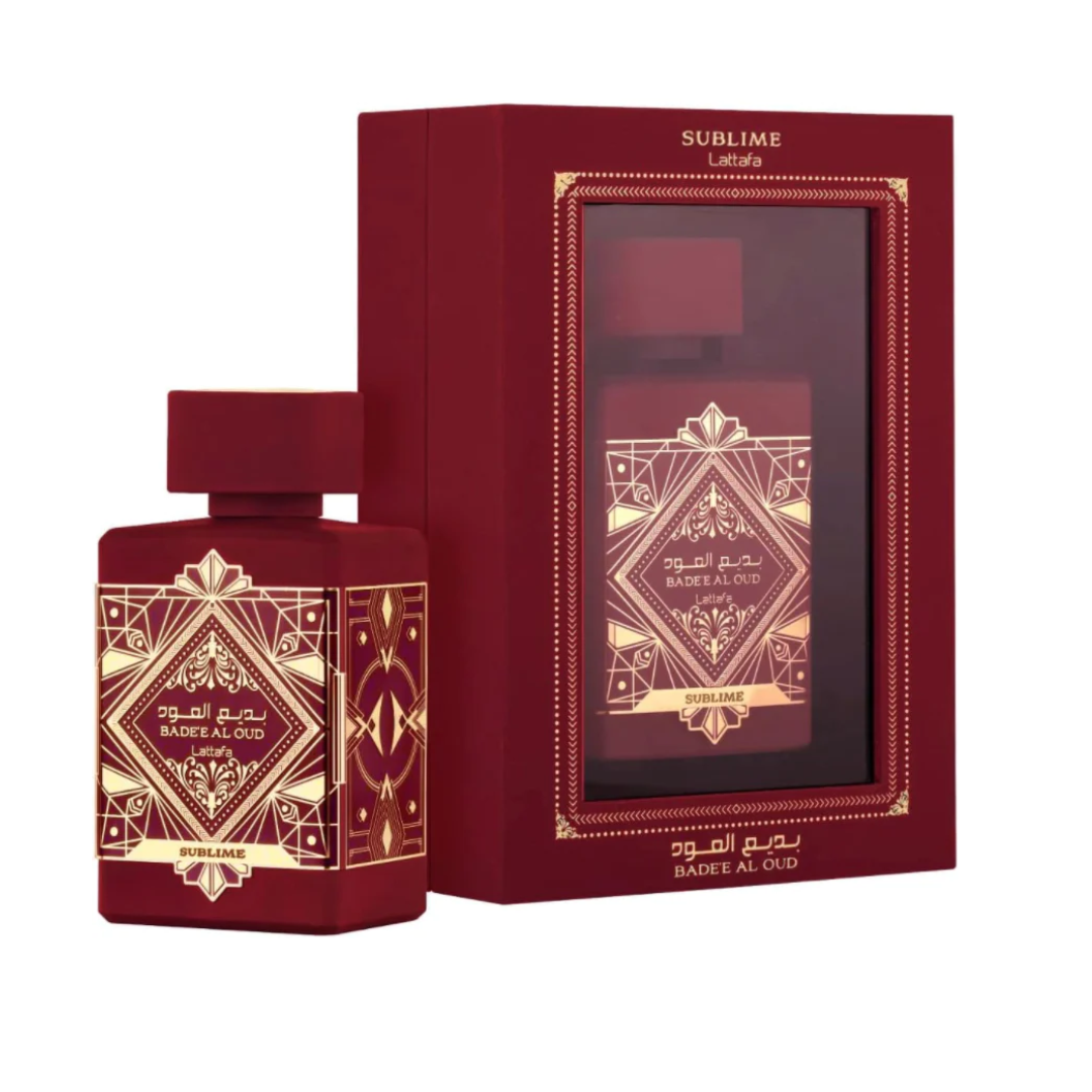Lattafa Bade'e Al Oud Sublime Eau De Parfum 100ml bottle, showcasing luxurious and warm fragrance with elegant packaging.