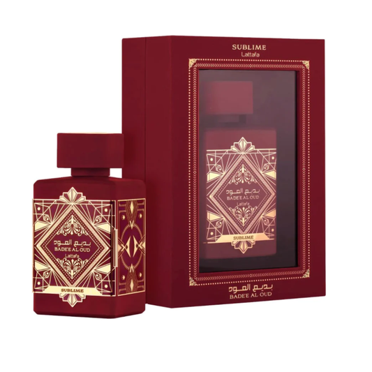 Lattafa Bade'e Al Oud Sublime Eau De Parfum 100ml bottle, showcasing luxurious and warm fragrance with elegant packaging.