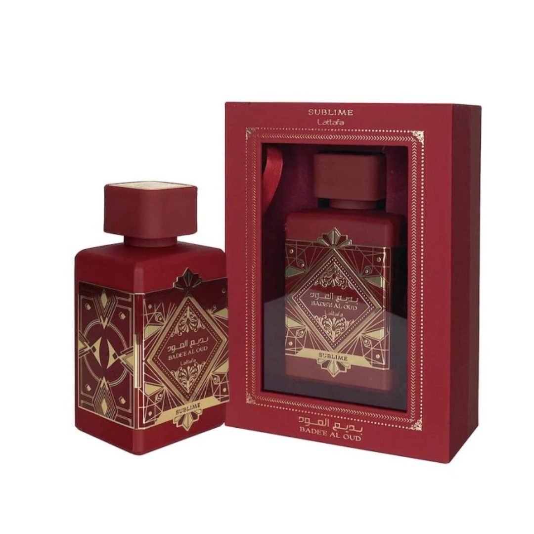 Lattafa Bade'e Al Oud Sublime Eau De Parfum 100ml bottle showcasing warm, luxurious fragrance with elegant design.