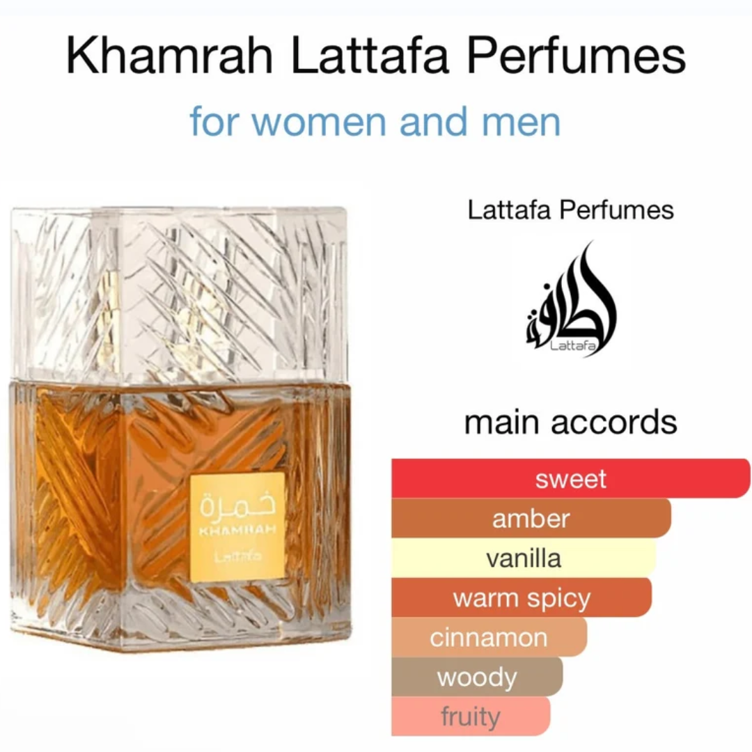 Lattafa Khamrah Eau de Parfum spray 100ml, elegant perfume bottle with a sleek design, showcasing the luxurious fragrance.