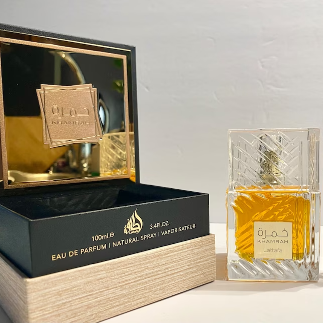 Lattafa Khamrah Eau de Parfum spray 100ml bottle, elegant design, showcasing the luxurious fragrance packaging.