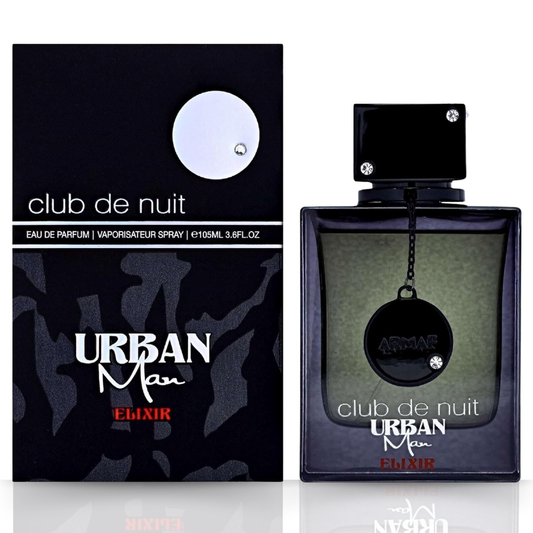 Armaf Club De Nuit Urban Man Elixir Eau de Parfum spray bottle, 105ml, with sleek black packaging and modern design.