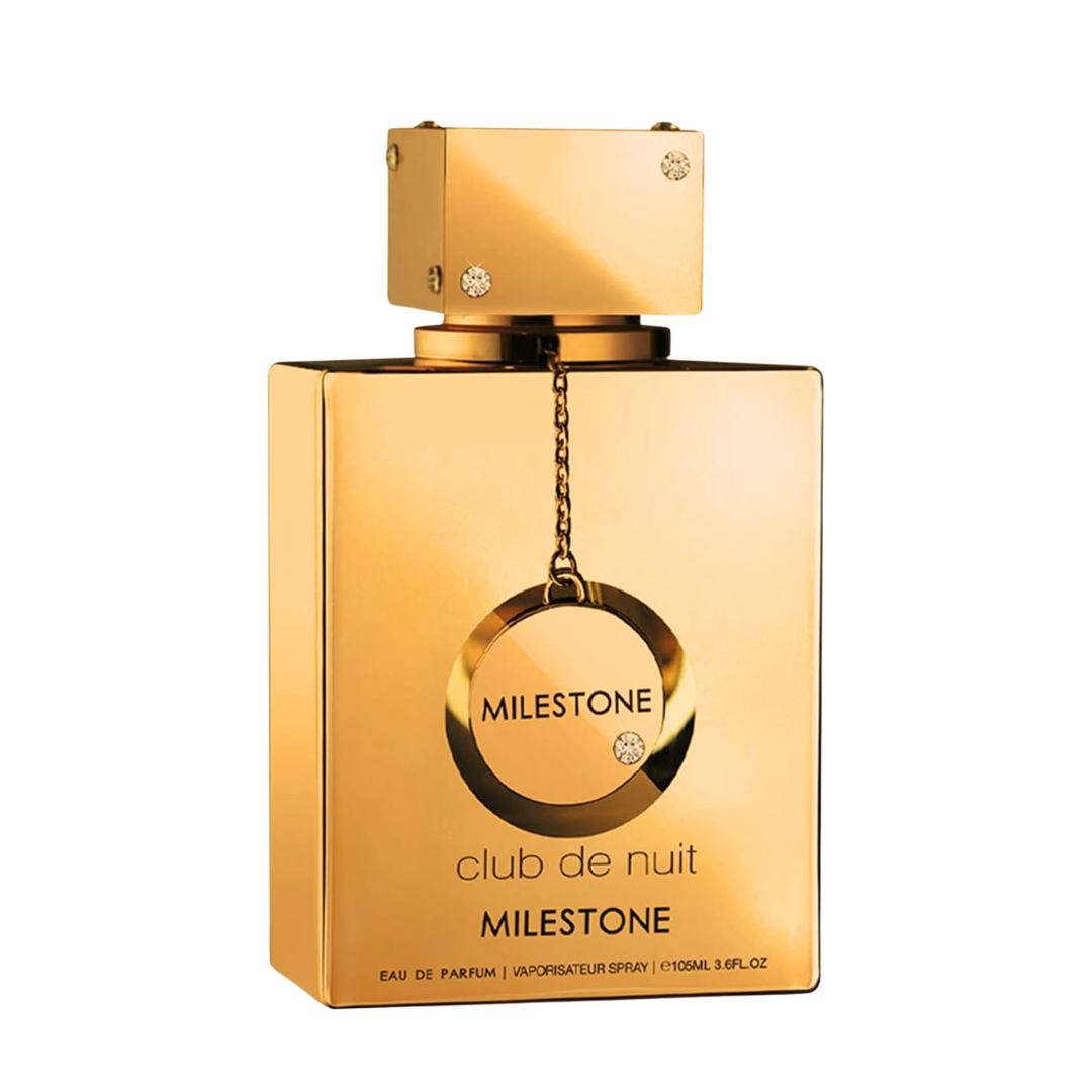 Armaf Club De Nuit Milestone Eau de Parfum spray 105ml, with a sleek bottle design and dark-colored fragrance liquid.