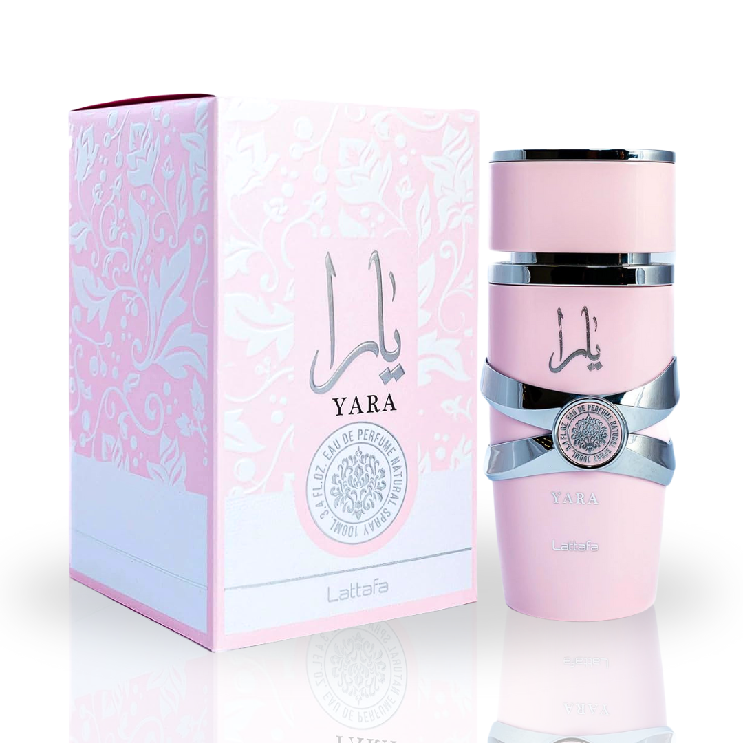 Lattafa Yara Eau de Parfum spray 100ml with elegant bottle, floral and woody notes, luxurious fragrance for women.