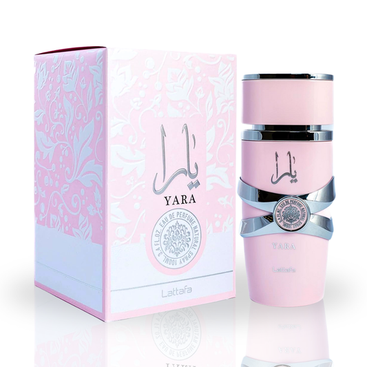 Lattafa Yara Eau de Parfum spray 100ml with elegant bottle, floral and woody notes, luxurious fragrance for women.
