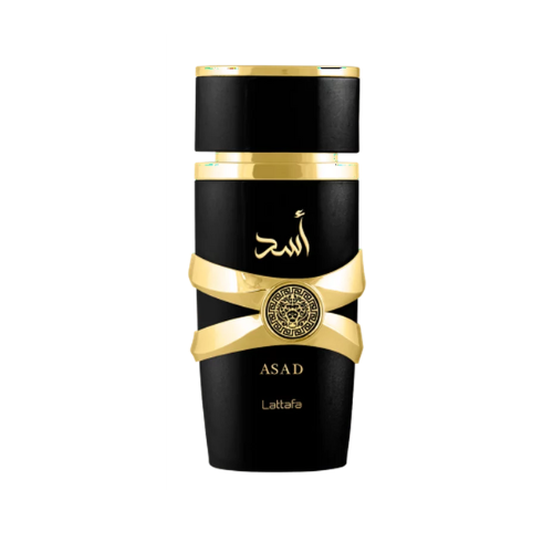 Lattafa Asad Eau de Parfum spray 100ml, elegant bottle with gold accents, showcasing the luxurious fragrance design.