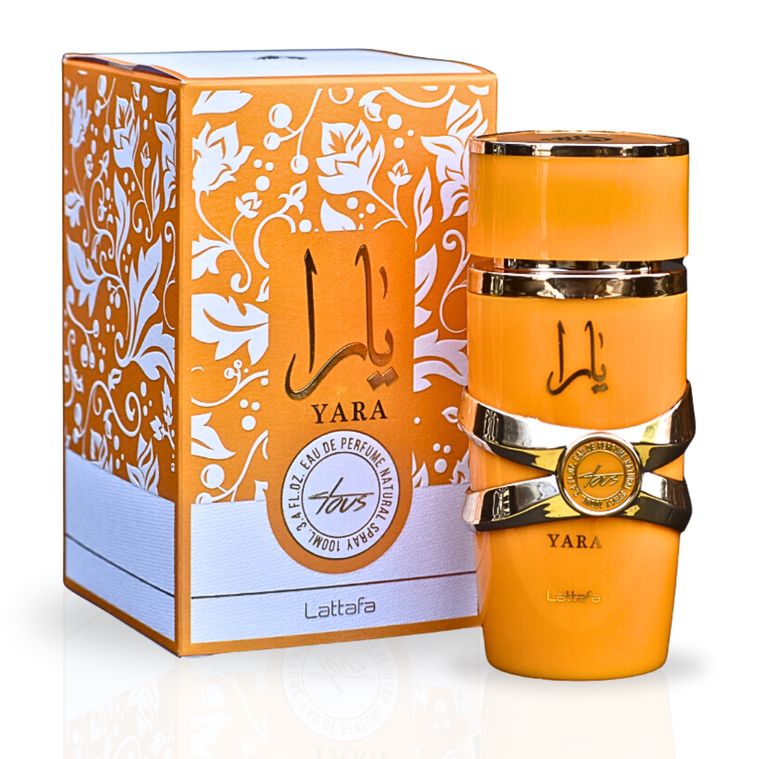 Lattafa Yara Tous Eau de Parfum 100ml bottle featuring tropical fruit and mango scent, elegant perfume design