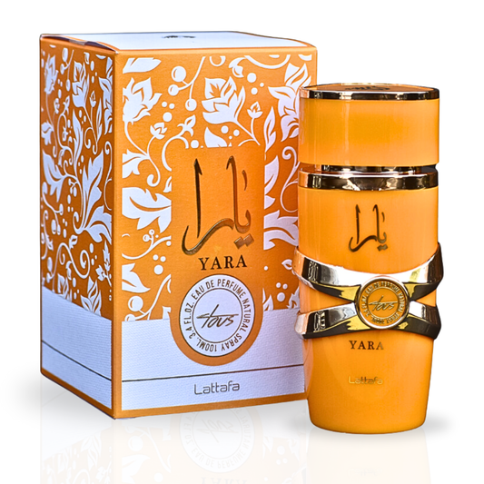 Lattafa Yara Tous Eau de Parfum 100ml bottle featuring tropical fruit and mango scent, elegant perfume design