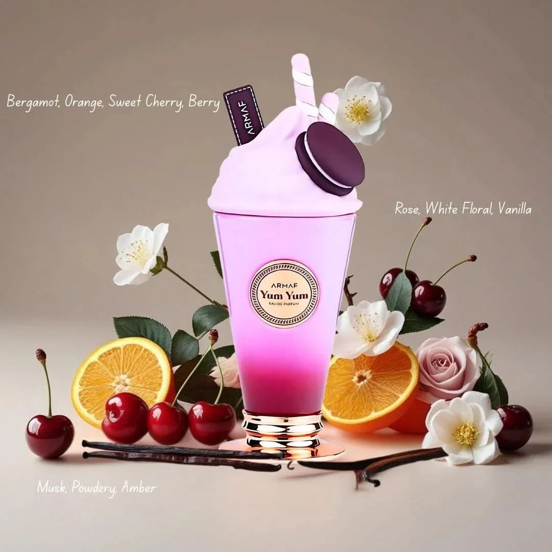 Yum Yum Eau de Parfum spray by Armaf Delights, 100ml bottle, featuring a sleek design and floral fragrance.