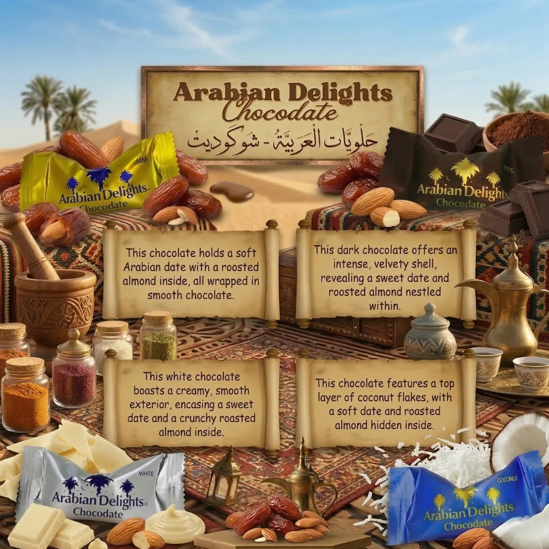 Arabian Delights Chocodate Assorted Pouch 460 GMS by Intense Delish | A Variety of Milk, Dark, White & Coconut Flaked Chocolates with Almond-Stuffed Dates Coated in Chocolate