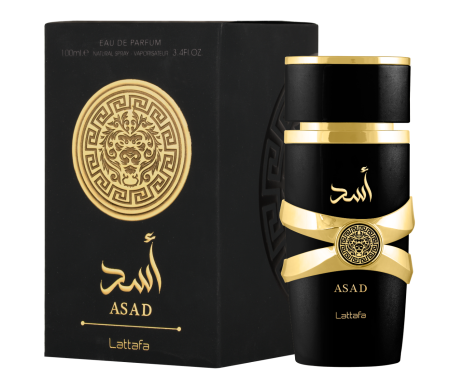 Lattafa Asad Eau de Parfum spray 100ml bottle, featuring a sleek design with a cap and elegant label.
