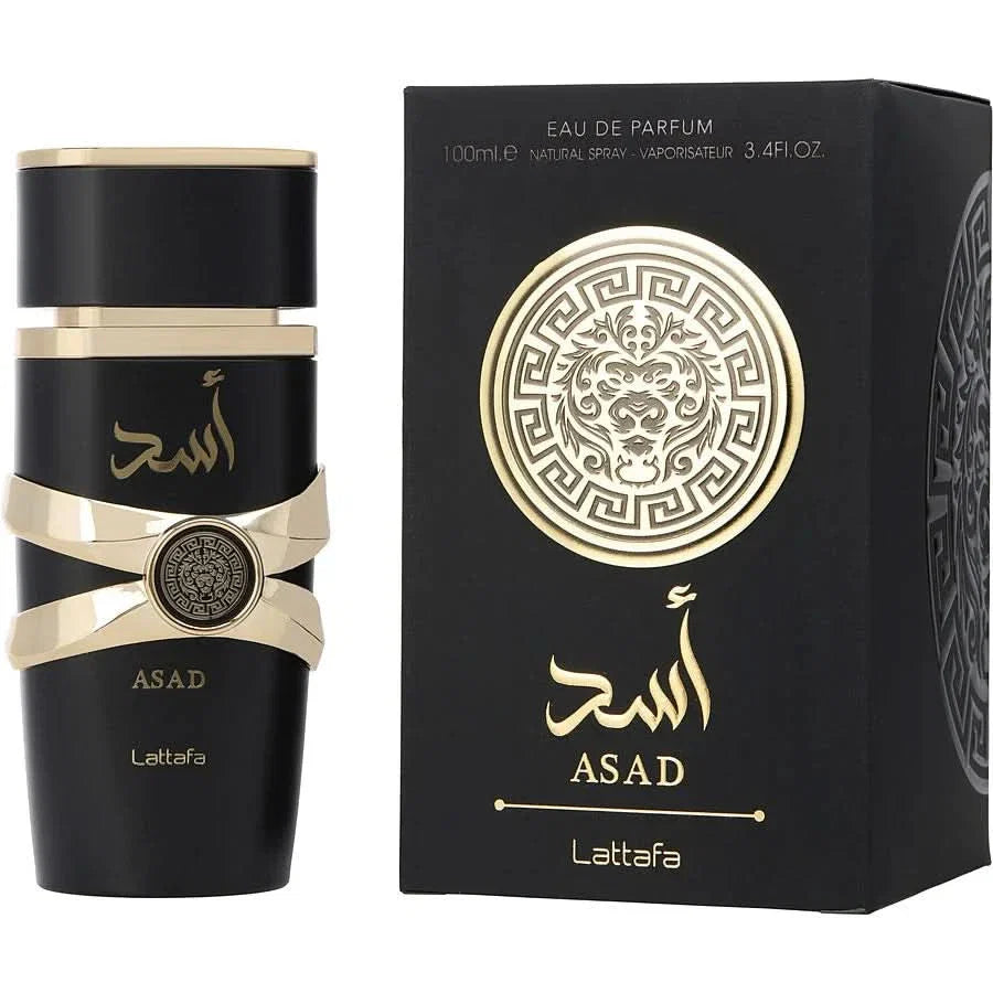 Lattafa Asad Eau de Parfum spray 100ml bottle, featuring elegant packaging and a sleek design.