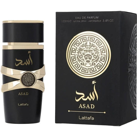 Lattafa Asad Eau de Parfum spray 100ml bottle, featuring elegant packaging and a sleek design.
