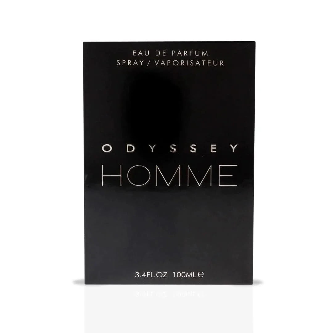 Odyssey Homme Black Eau de Parfum spray by Armaf, 100ml, featuring sleek black bottle and elegant design.