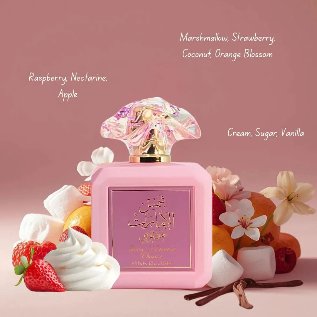 Bundle of Ard Al Zaafaran Shams Al Emarat Khususi Pink Blush, Glaze & Glow, and Iced Petal Eau de Parfum sprays in 100ml bottles