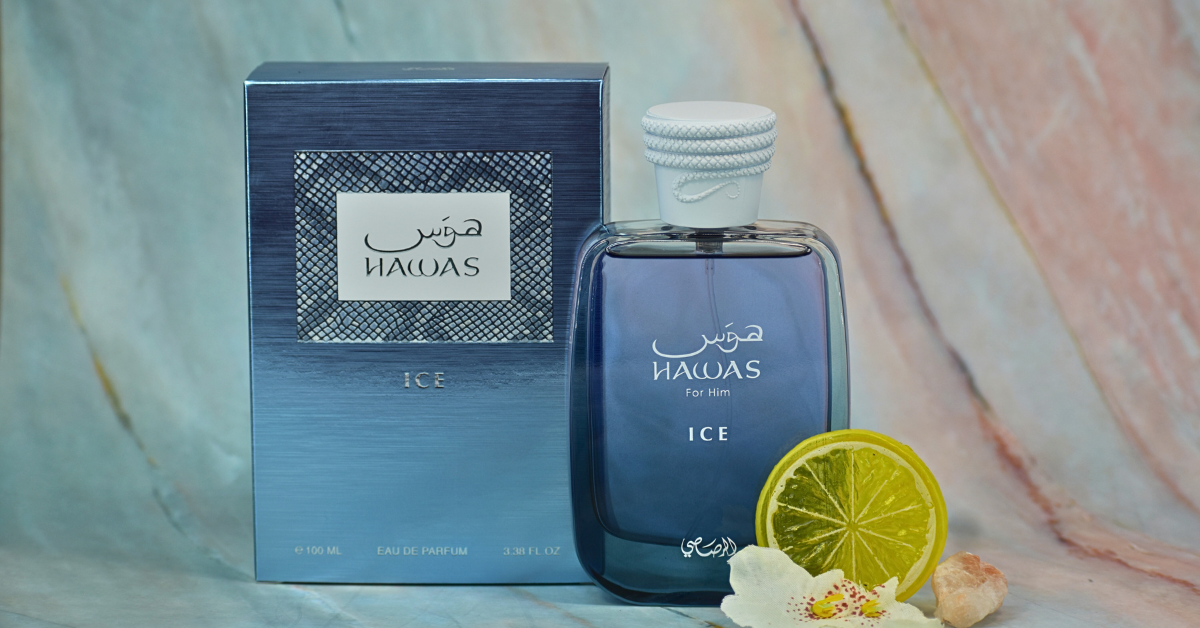 Rasasi Hawas Ice for Men Eau de Parfum spray 100ml, featuring sleek bottle design and icy blue accents.