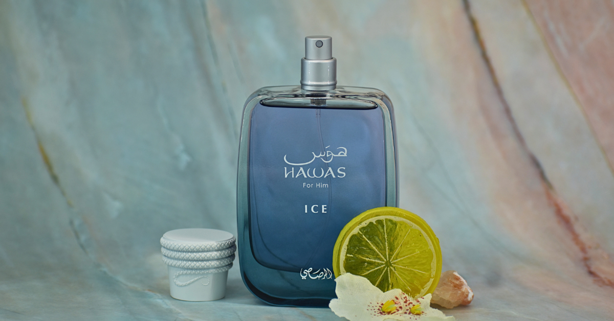 Rasasii Hawas Ice for Men Eau de Parfum spray 100ml, showing the sleek perfume bottle with blue accents.