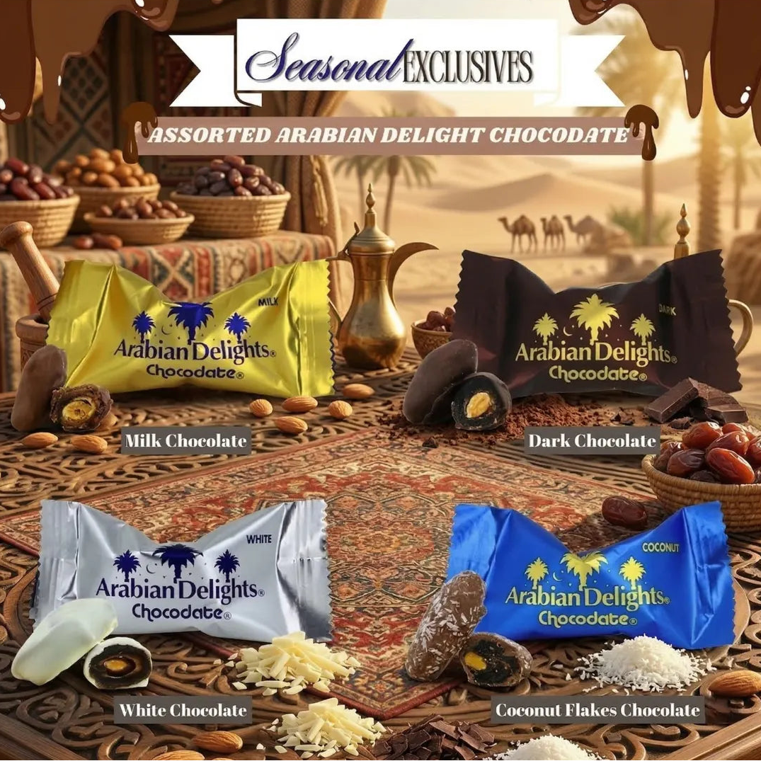 Arabian Delights Chocodate Assorted Pouch 460 GMS by Intense Delish | A Variety of Milk, Dark, White & Coconut Flaked Chocolates with Almond-Stuffed Dates Coated in Chocolate