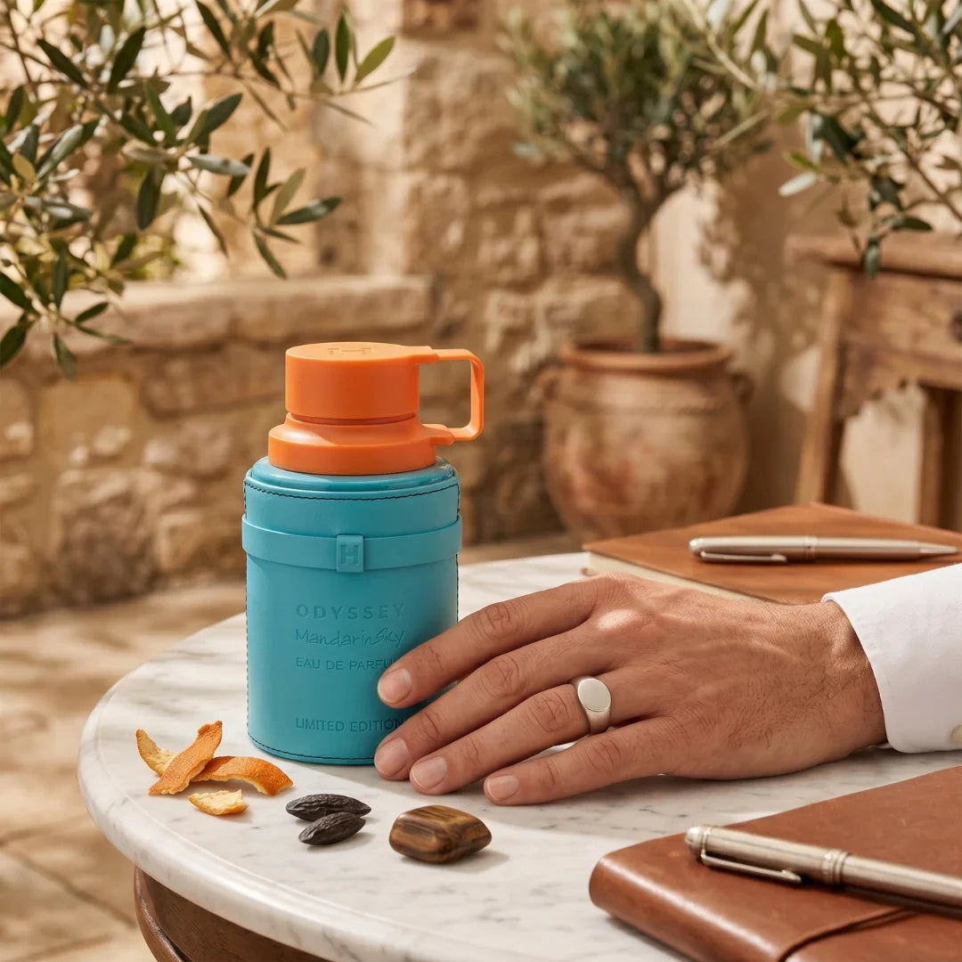 Odyssey Mandarin Sky Limited Edition Eau de Parfum spray by Armaf, 200ml bottle with a sleek design and vibrant orange accents.