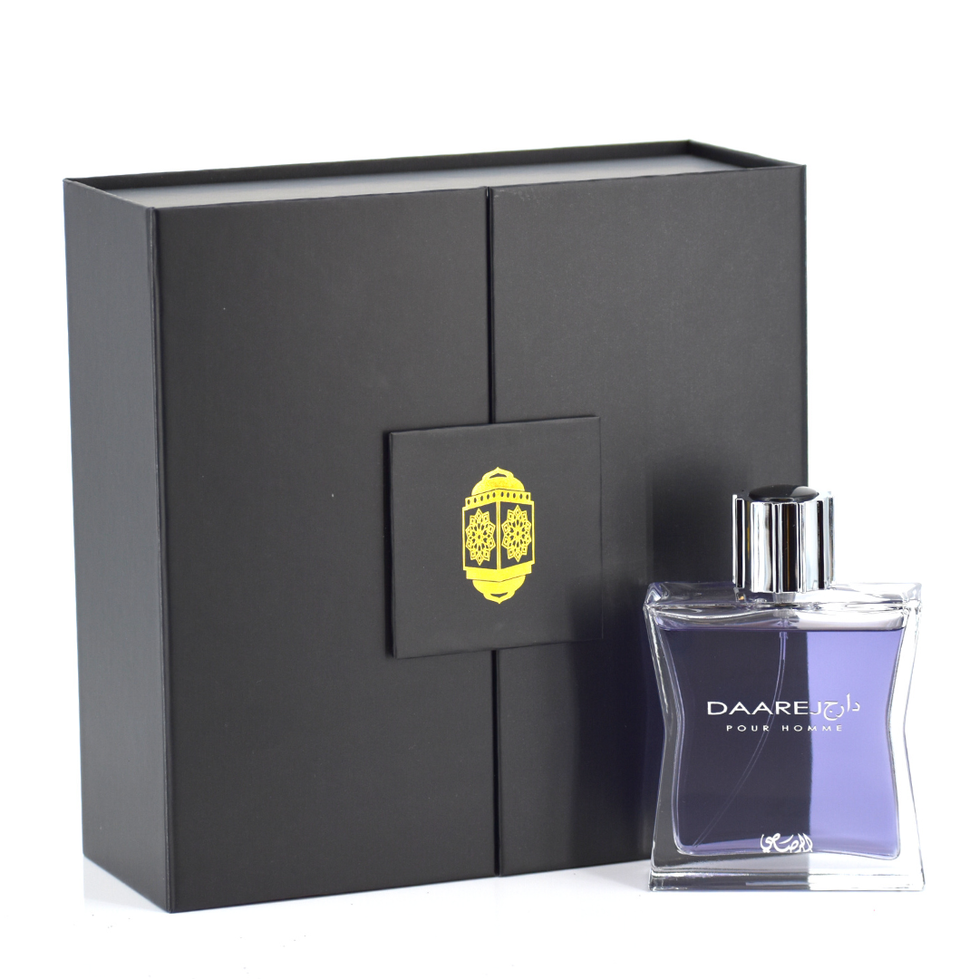 Rasasi Daarej for Men Eau de Parfum spray in a 100ml gift set with magnetic box, featuring elegant perfume bottle and packaging.