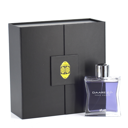 Rasasi Daarej for Men Eau de Parfum spray in a 100ml gift set with magnetic box, featuring elegant perfume bottle and packaging.