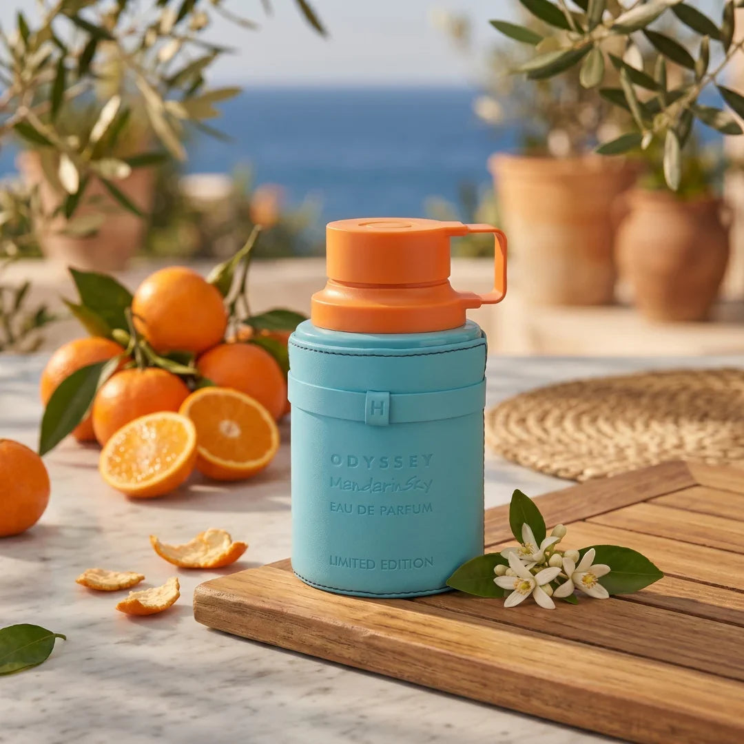 Odyssey Mandarin Sky Limited Edition Eau de Parfum spray by Armaf, 200ml bottle with sleek design and vibrant orange accents.
