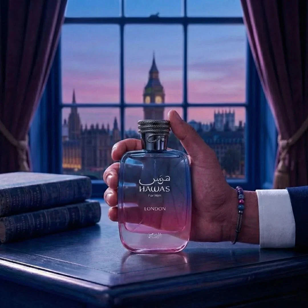 Rasasi Hawas London Eau De Parfum Spray 100ml bottle with elegant packaging, showcasing the fragrance's luxurious design.