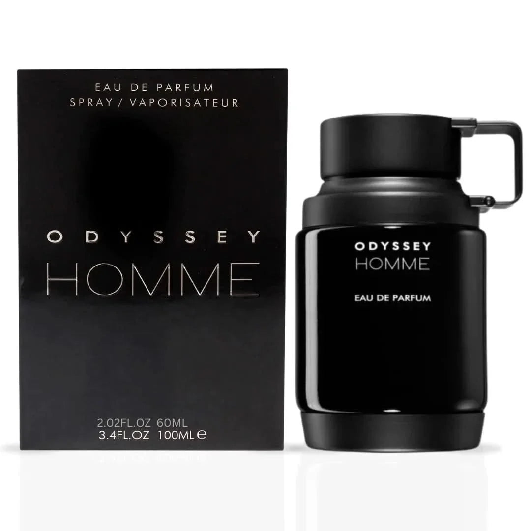 Odyssey Homme Black Eau de Parfum spray by Armaf, 100ml bottle with sleek black packaging and elegant design.