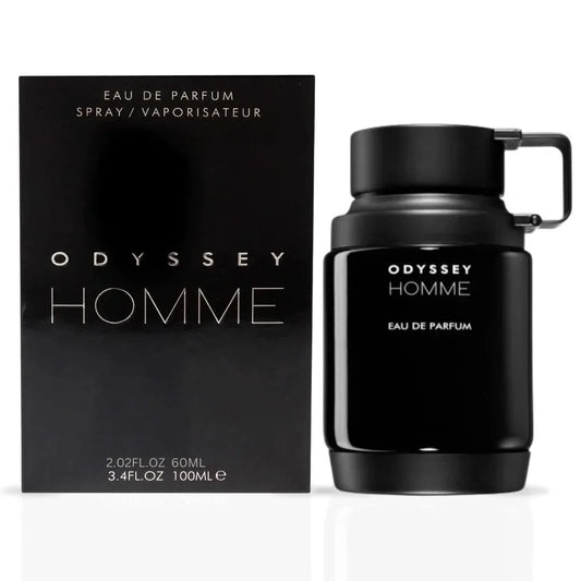 Odyssey Homme Black Eau de Parfum spray by Armaf, 100ml bottle with sleek black packaging and elegant design.