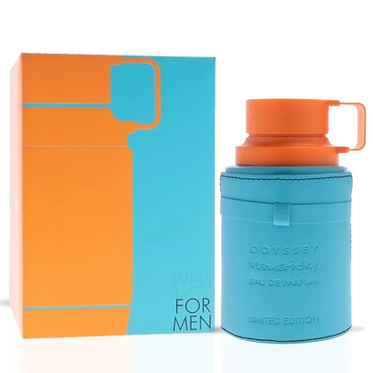 Odyssey Mandarin Sky Limited Edition Eau de Parfum spray by Armaf, 200ml, featuring a sleek bottle with vibrant orange and blue accents.